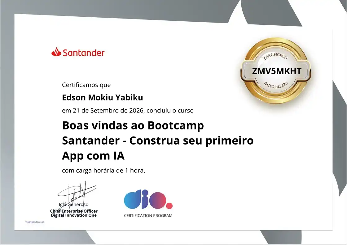 certificate of Boas vindas ao Bootcamp Santander - Construa seu primeiro App com IA