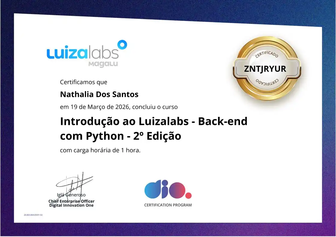 certificate of Introdução ao Luizalabs - Back-end com Python - 2º Edição