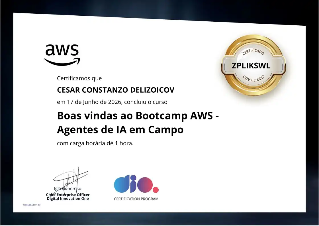 certificate of Boas vindas ao Bootcamp AWS - Agentes de IA em Campo