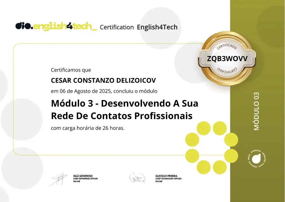 certificate of Módulo 3 - Desenvolvendo A Sua Rede De Contatos Profissionais