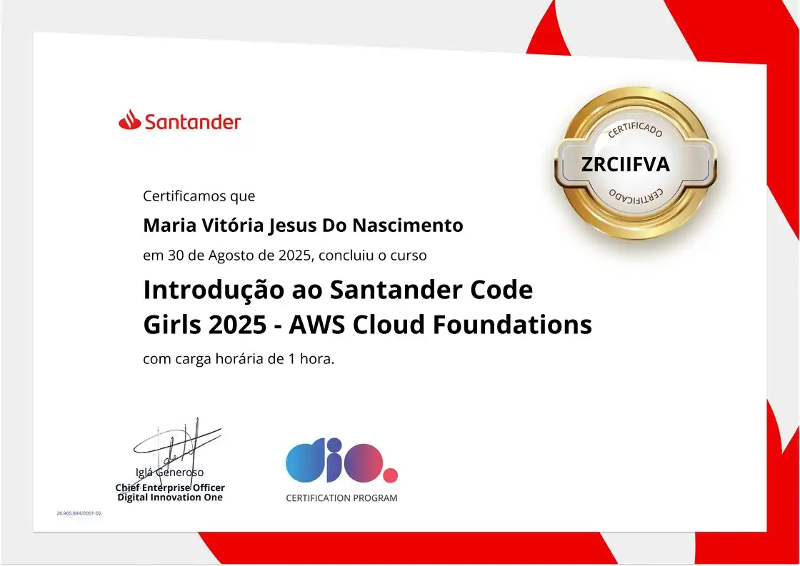 certificate of Introdução ao Santander Code Girls 2025 - AWS Cloud Foundations
