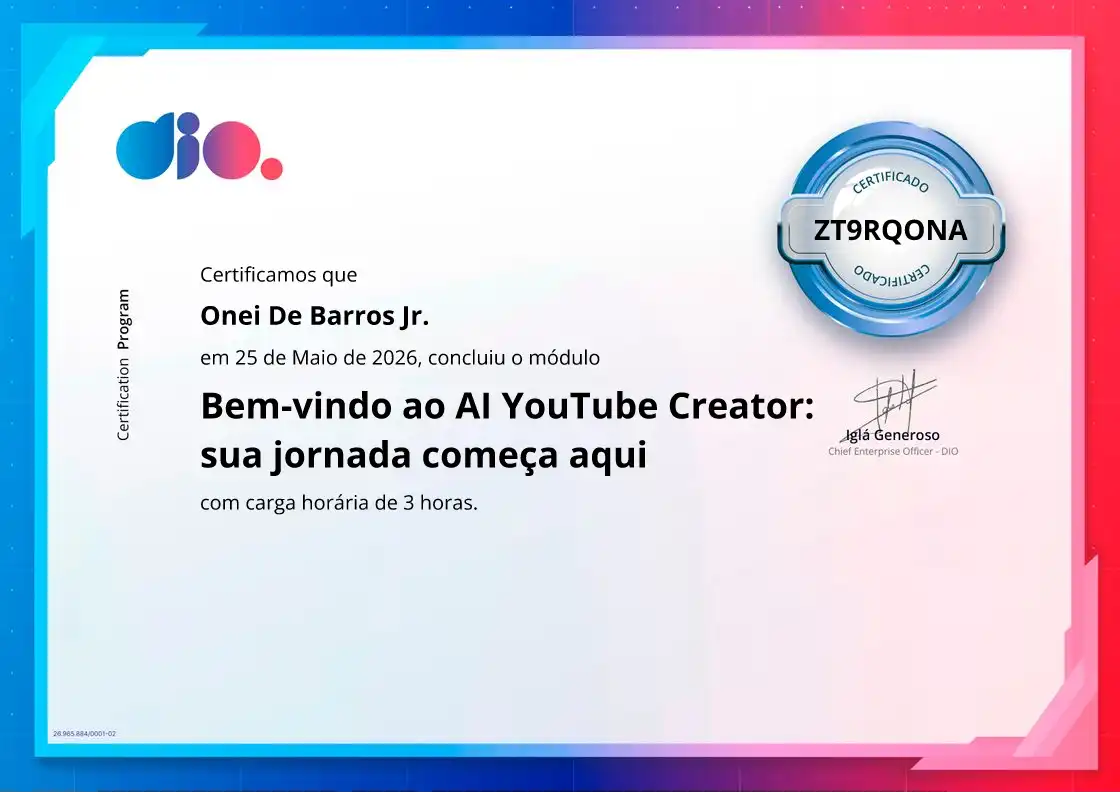 certificate of Bem-vindo ao AI YouTube Creator: sua jornada começa aqui