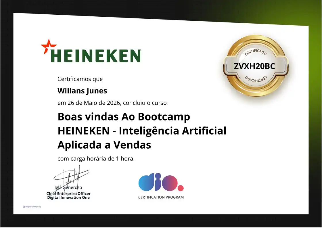 certificate of Boas vindas Ao Bootcamp HEINEKEN - Inteligência Artificial Aplicada a Vendas