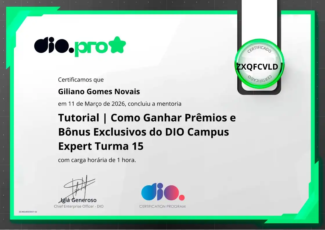 certificate of Tutorial | Como Ganhar Prêmios e Bônus Exclusivos do DIO Campus Expert Turma 15