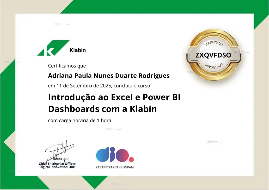 certificate of Introdução ao Excel e Power BI Dashboards com a Klabin