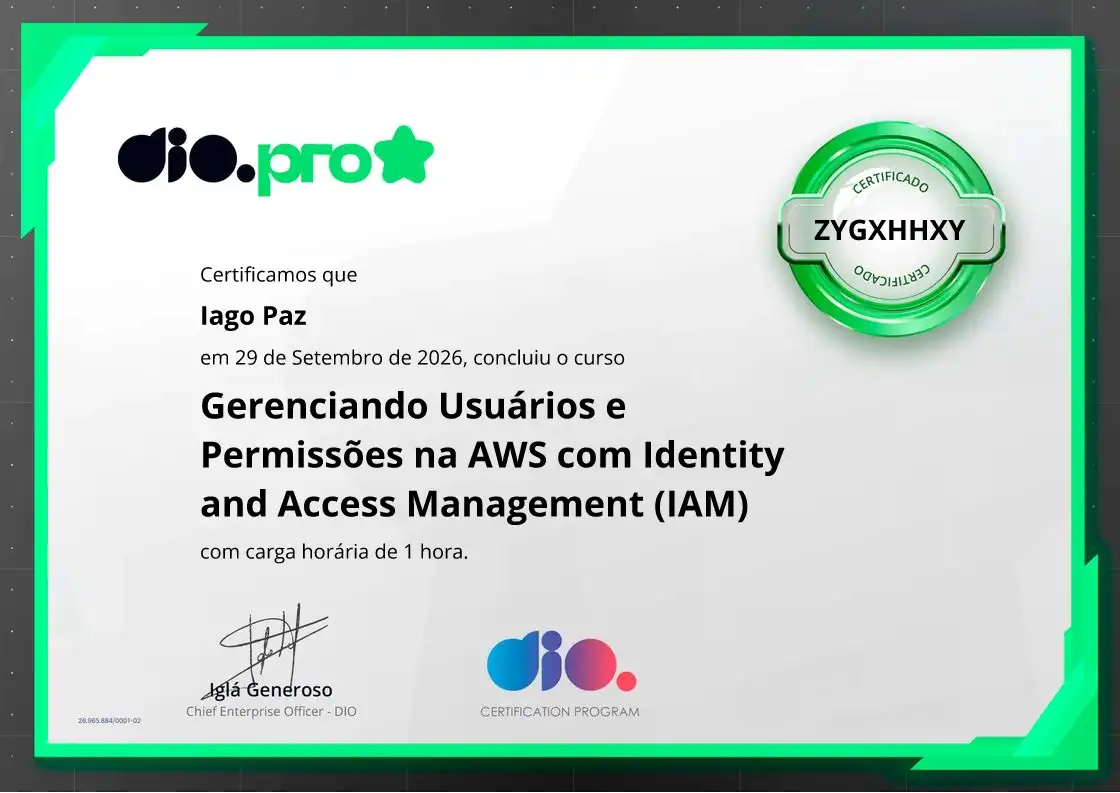 certificate of Gerenciando Usuários e Permissões na AWS com Identity and Access Management (IAM)