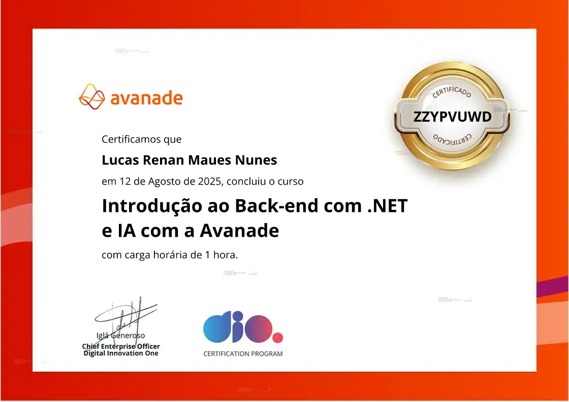 certificate of Introdução ao Back-end com .NET e IA com a Avanade