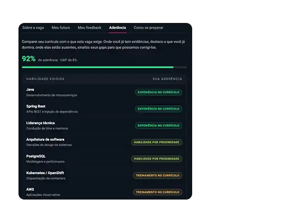 Painel de aderência de 92% com as habilidades exigidas pela vaga
